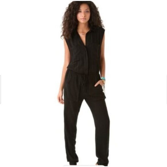 ENZA COSTA Black Sleeveless Challis Utility Drawstring Waist Jumpsuit - Size M - Picture 1 of 15
